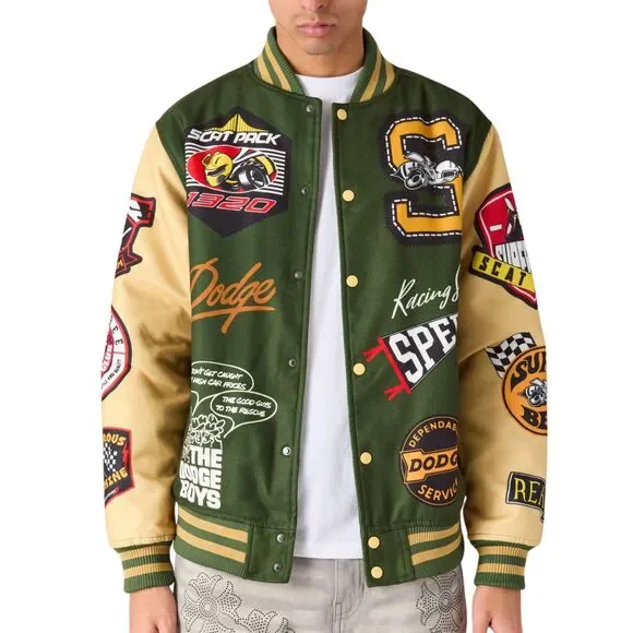 Reason x Dodge Scatpack Varsity Jacket Men Large Green Khaki Letterman Bomber - Picture 9 of 15